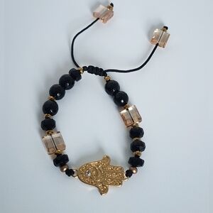 Adjustable Hamsa Hand Bracelet Black Beaded Gold Tone Crystal Accent